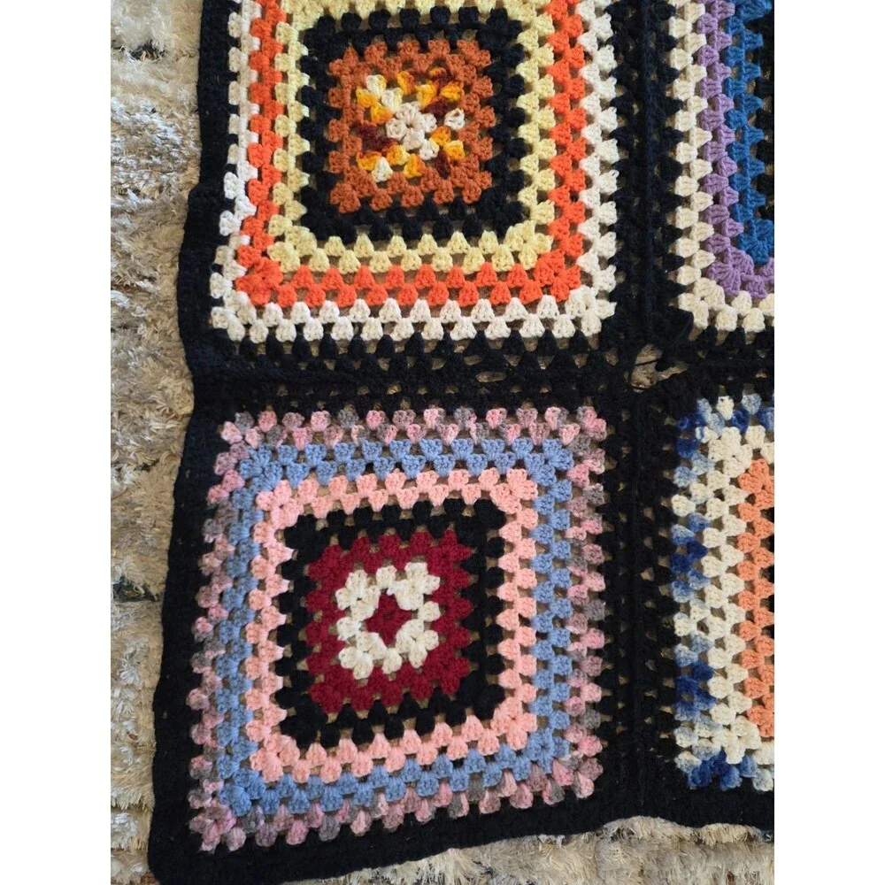Vtg Crocheted Granny Square Afghan Lap Blanket Throw Multicolored 55x77